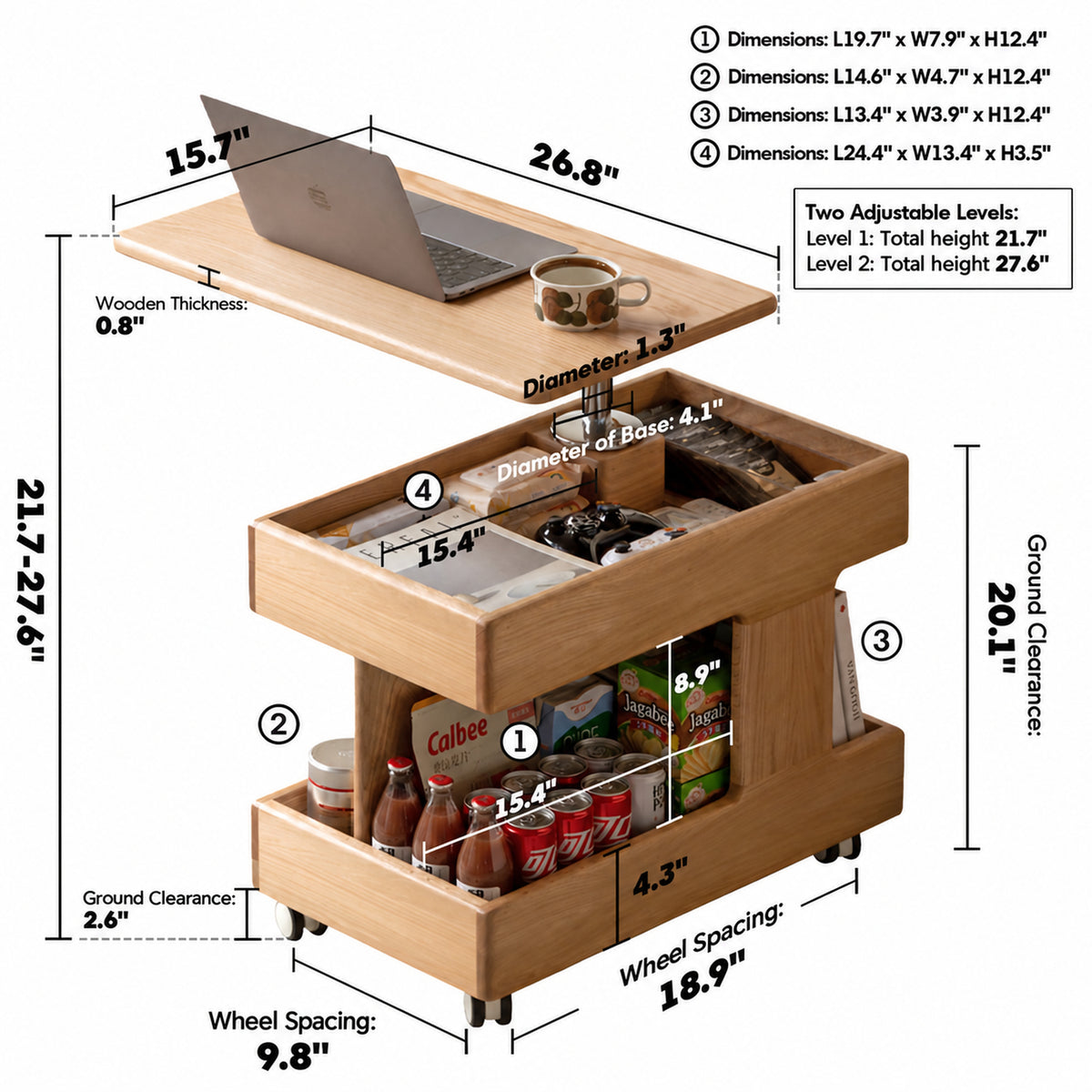 Scandinavian Oak Wood Height Adjustable Coffe Table LIFT Size Chart