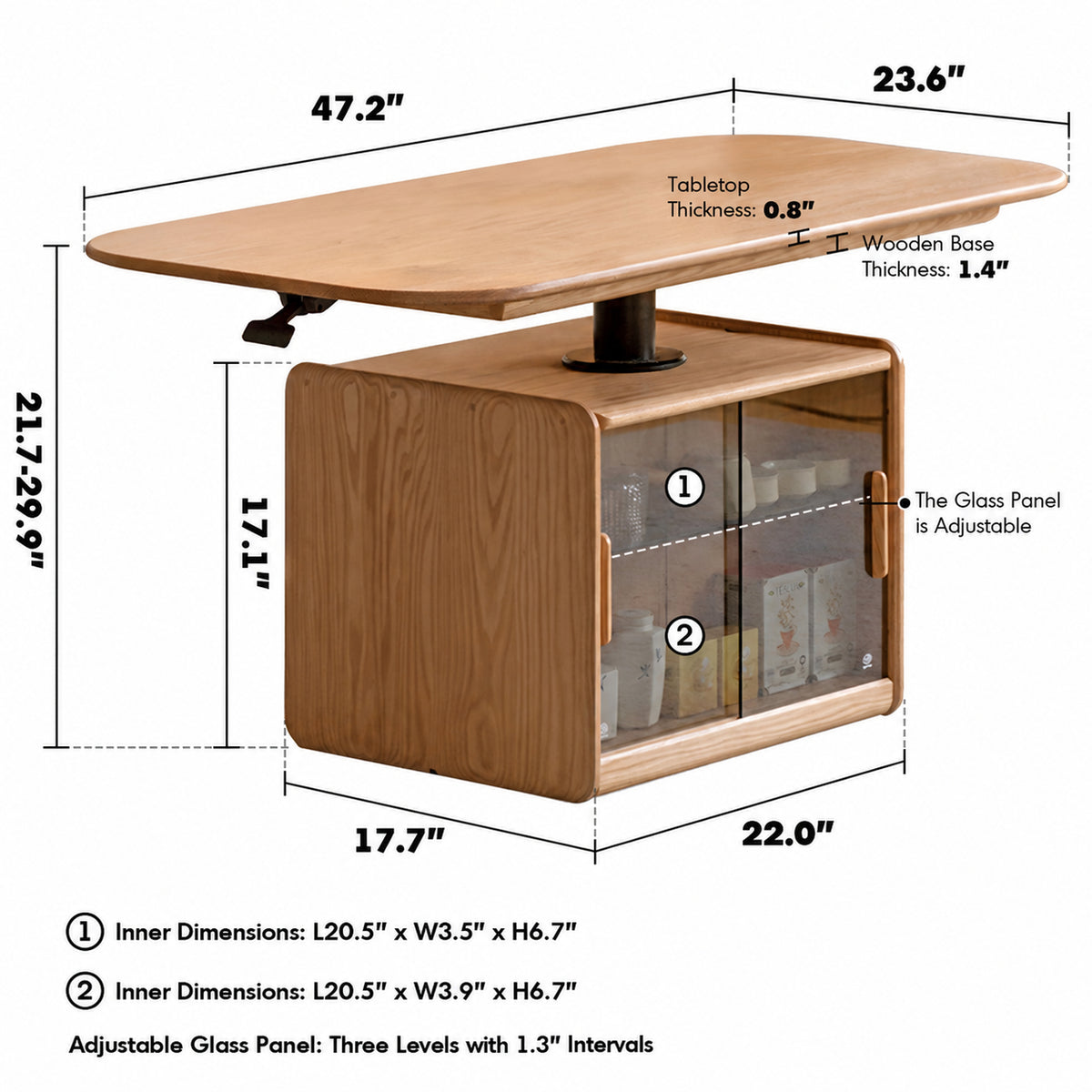 Scandinavian Oak Wood Tempered Glass Height Adjustable Coffee Table LIFT Size Chart