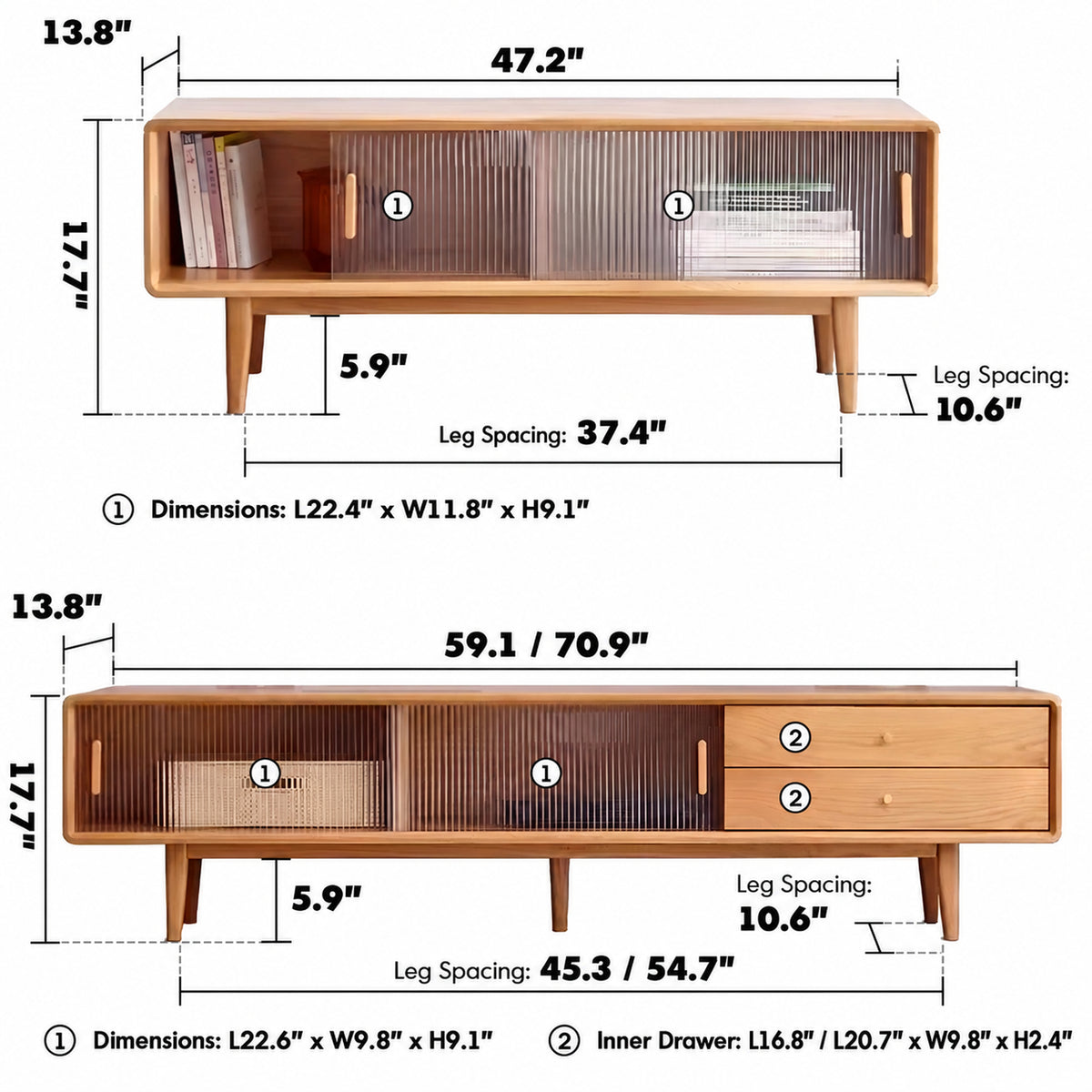 Scandinavian Oak Wood Moru Glass TV Console VISTA Size Chart