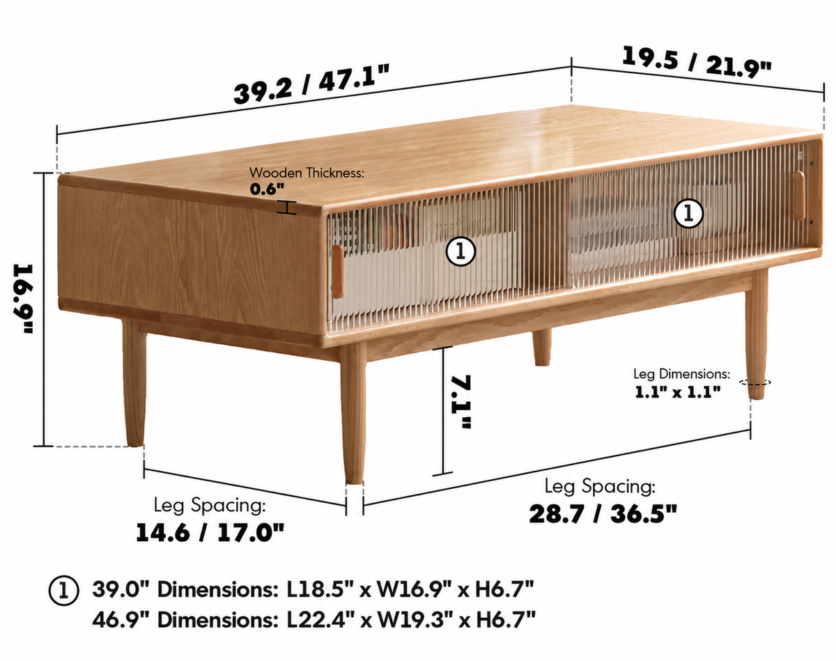 Scandinavian Oak Wood Moru Glass Coffee Table VISTA Size Chart