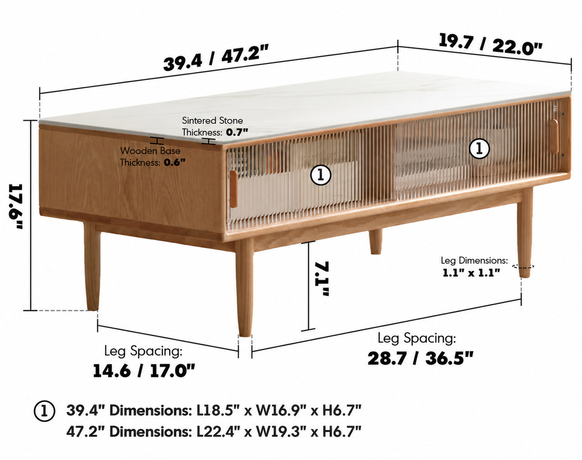Scandinavian Oak Wood Sintered Stone Coffee Table VISTA Size Chart