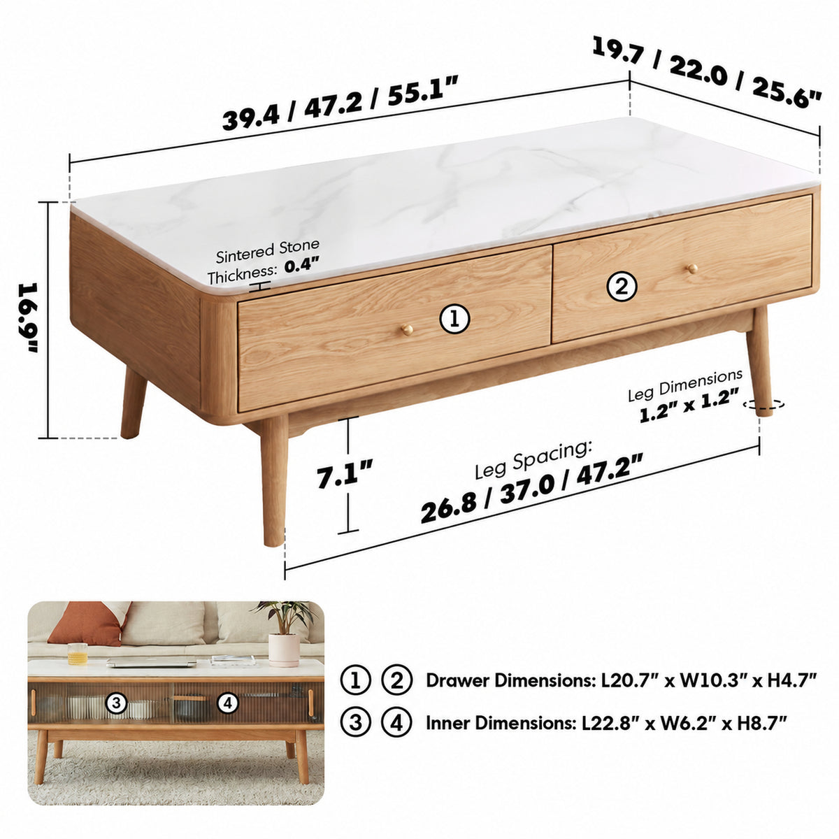 Scandinavian Oak Wood Sintered Stone Coffee Table BEAM Size Chart