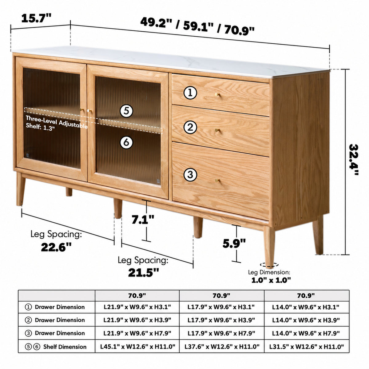Scandinavian Oak Wood Sintered Stone Storage Side Cabinet BEAM Size Chart_2