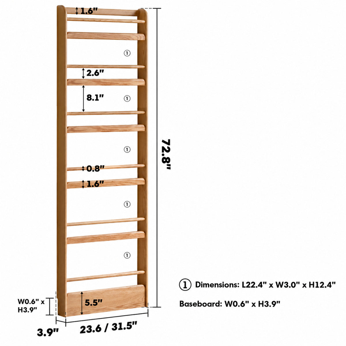 Scandinavian Oak Wood Wall Shelf Bookshelf SPIRE Size Chart