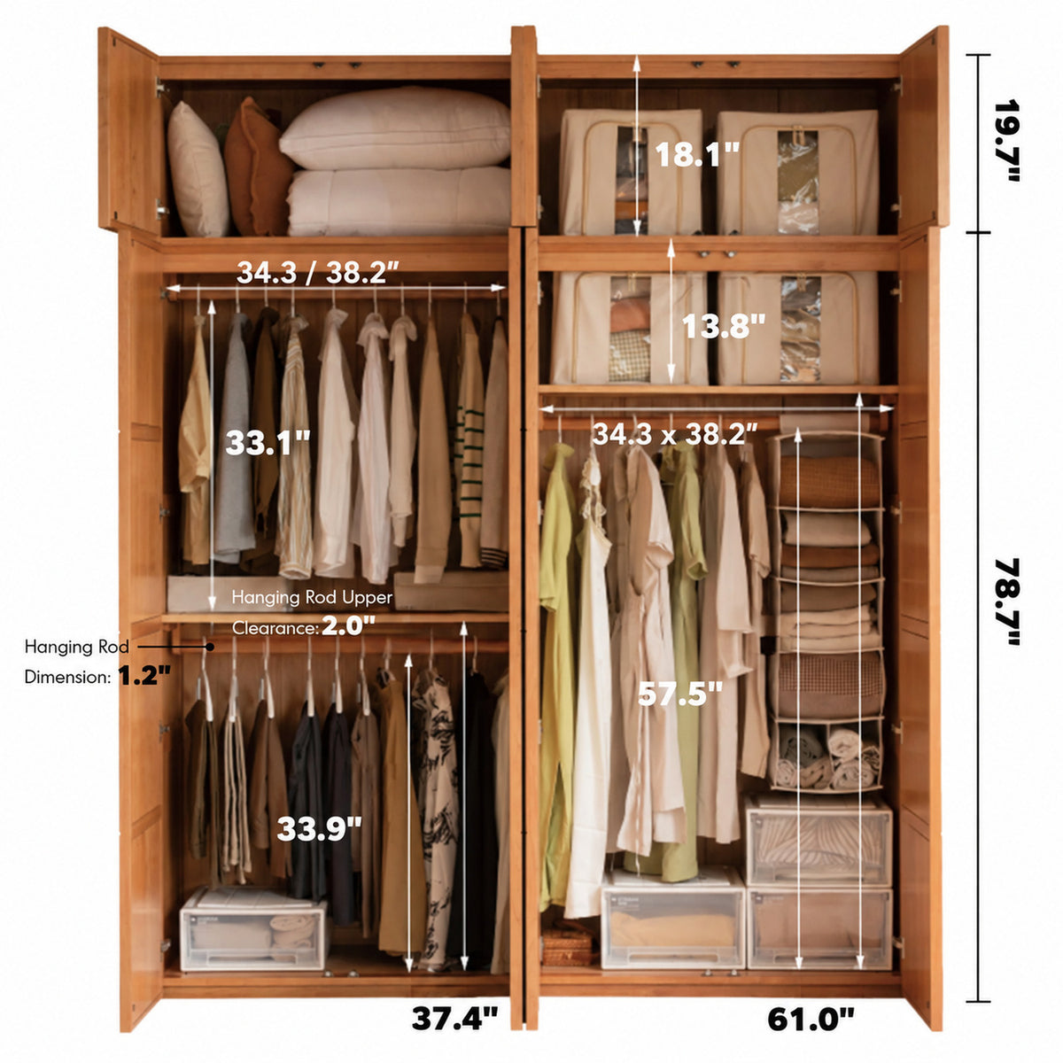 Scandinavian Cherry Wood Swing Door Wardrobe VERA Size Chart