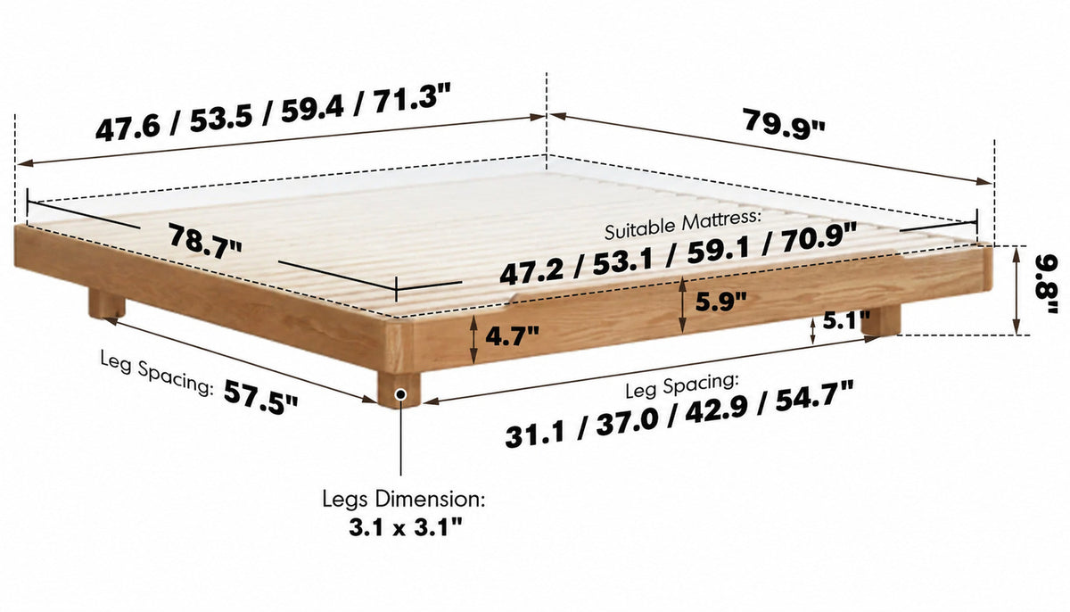 Scandinavian Oak Wood Platform Bed EDEN Size Chart