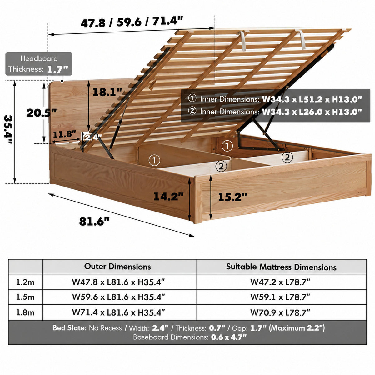 Scandinavian Oak Wood Storage Bed SOLACE Size Chart