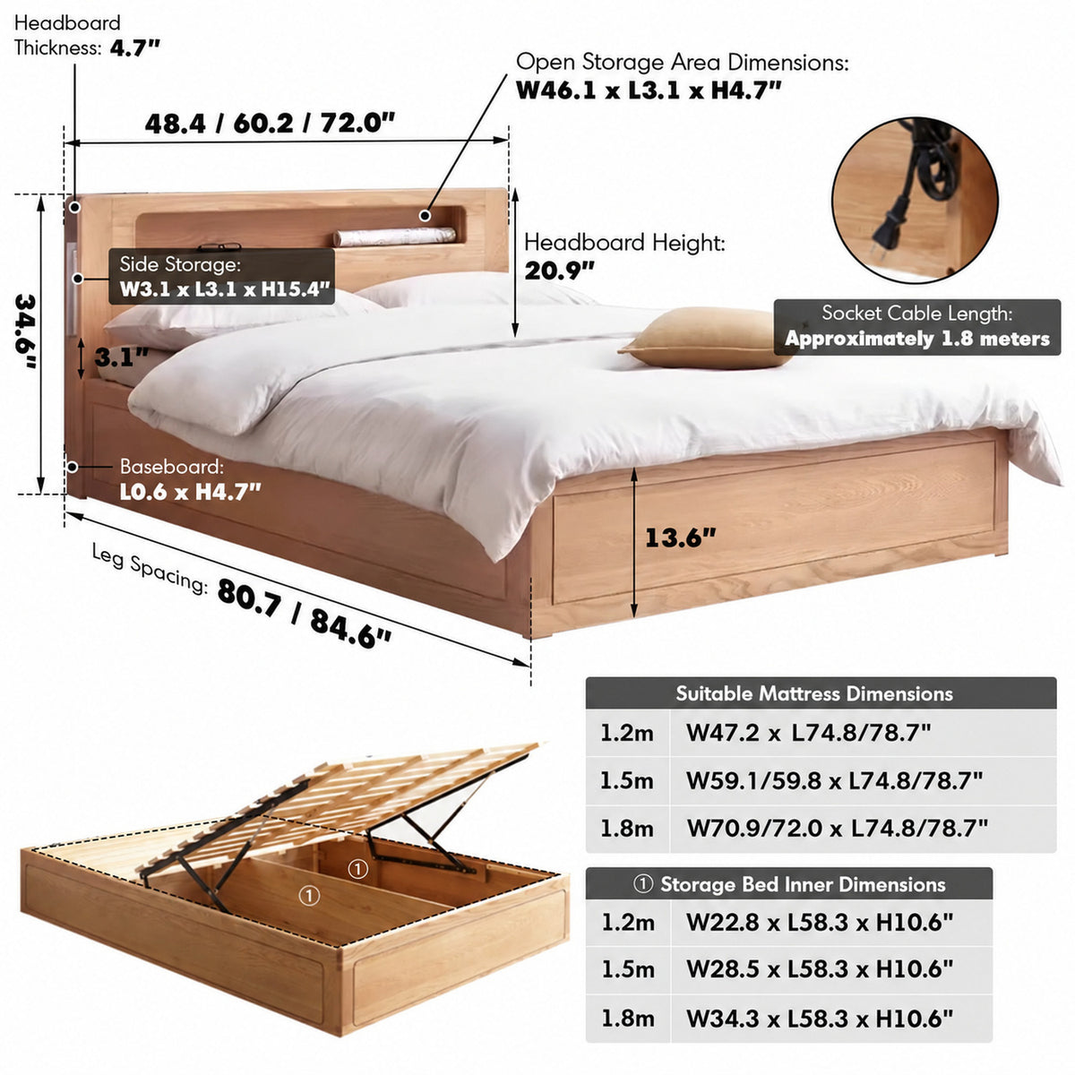 Scandinavian Oak Wood Storage Bed CACHE Size Chart