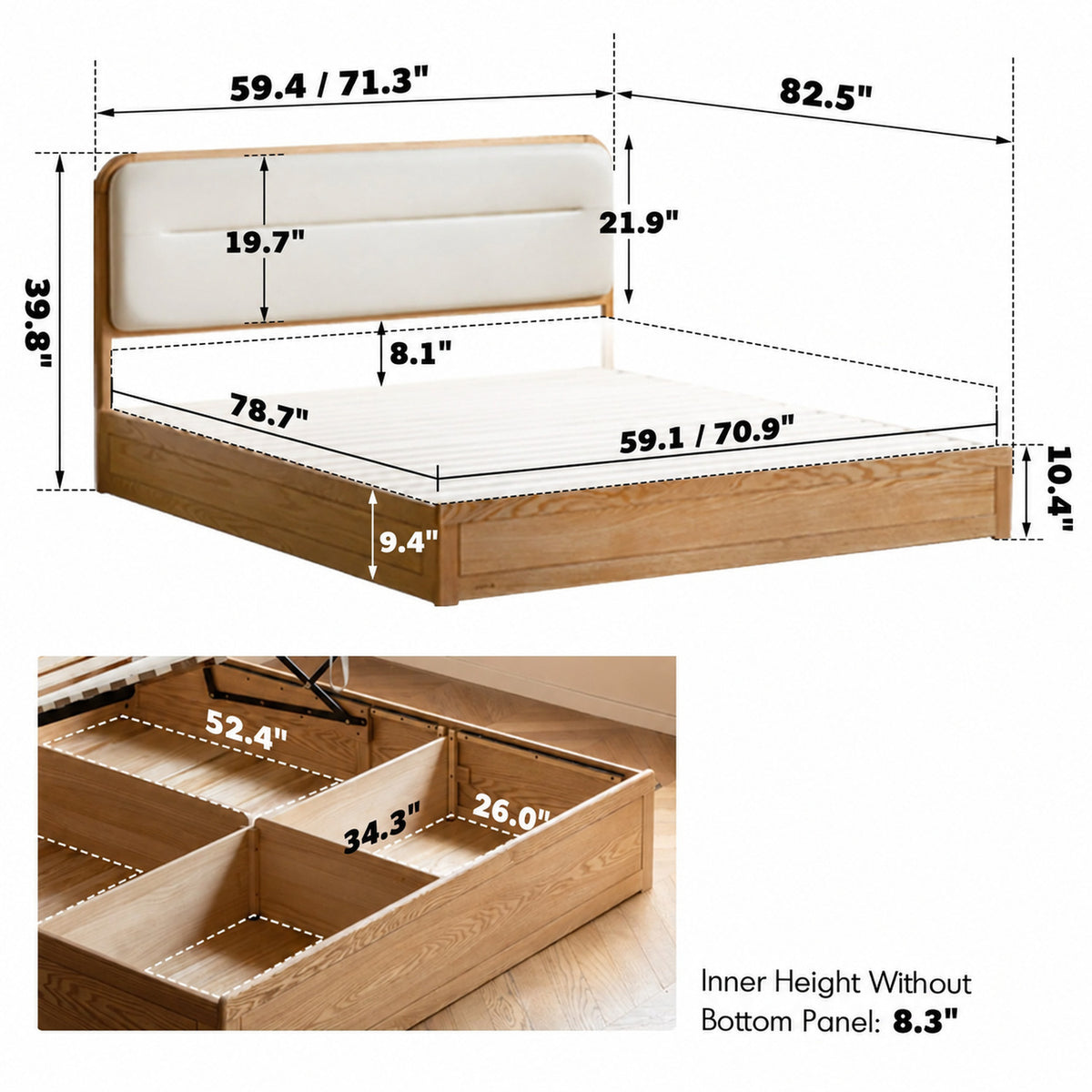 Scandinavian Oak Wood Microfiber Leather Storage Bed LUNA Size Chart