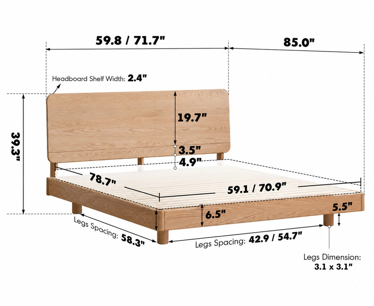 Scandinavian Oak Wood Floating Bed GLIDE Size Chart