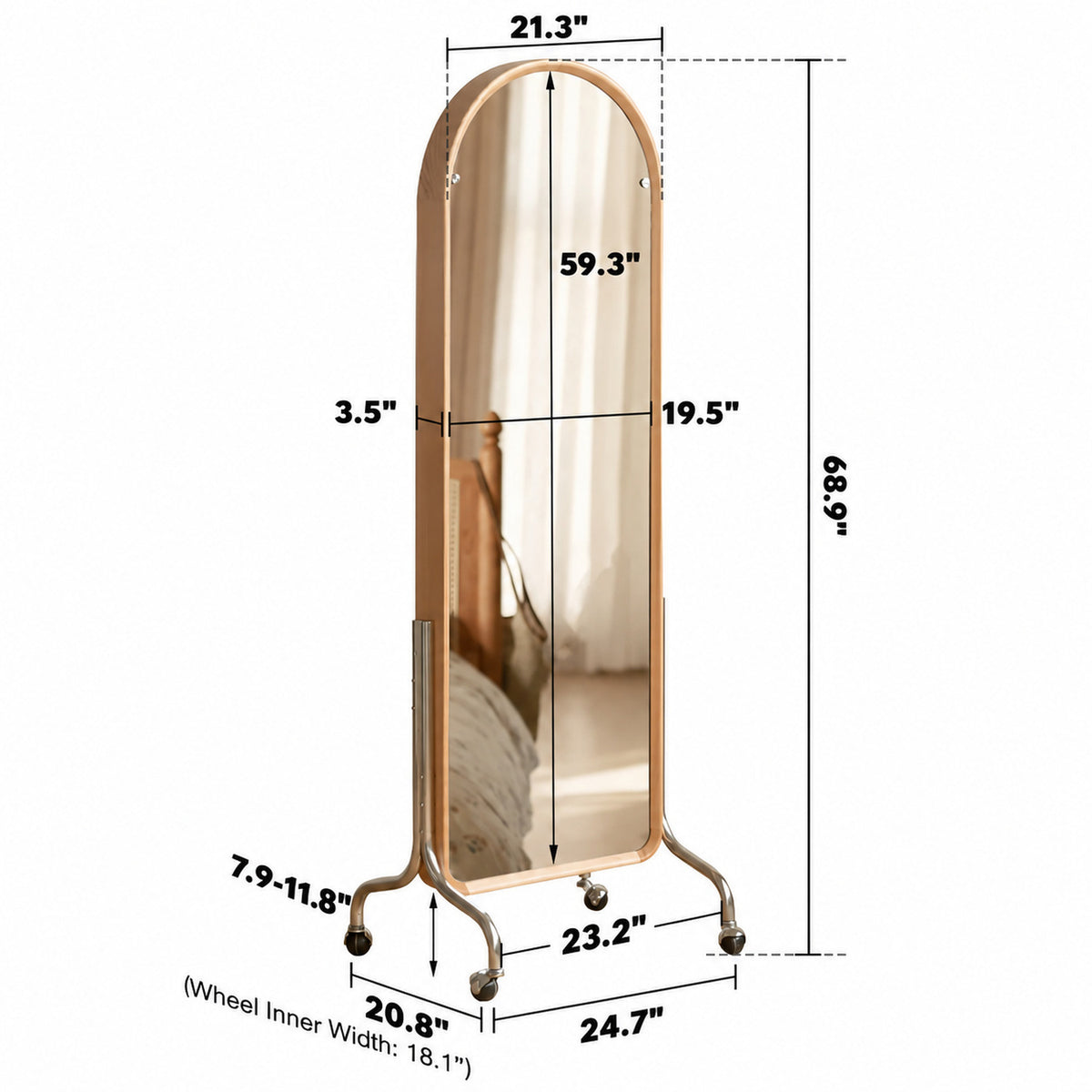 Scandinavian Oak Wood Dressing Mirror Shelf With Caster Wheels VISTA Size Chart