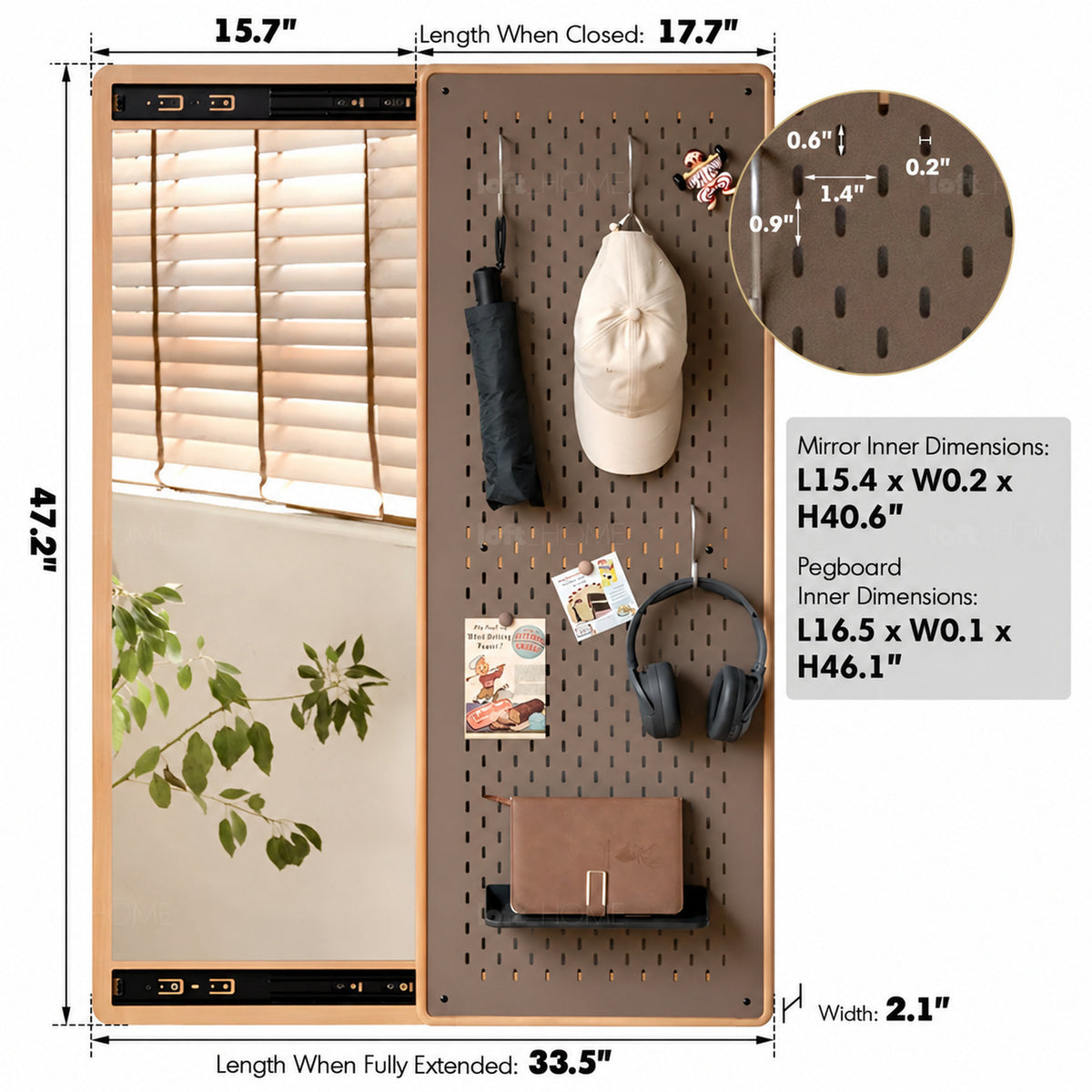 Scandinavian Beech Wood Wall Hanging Dressing Mirror With Pegboard Sliding Door PIVOLT Size Chart