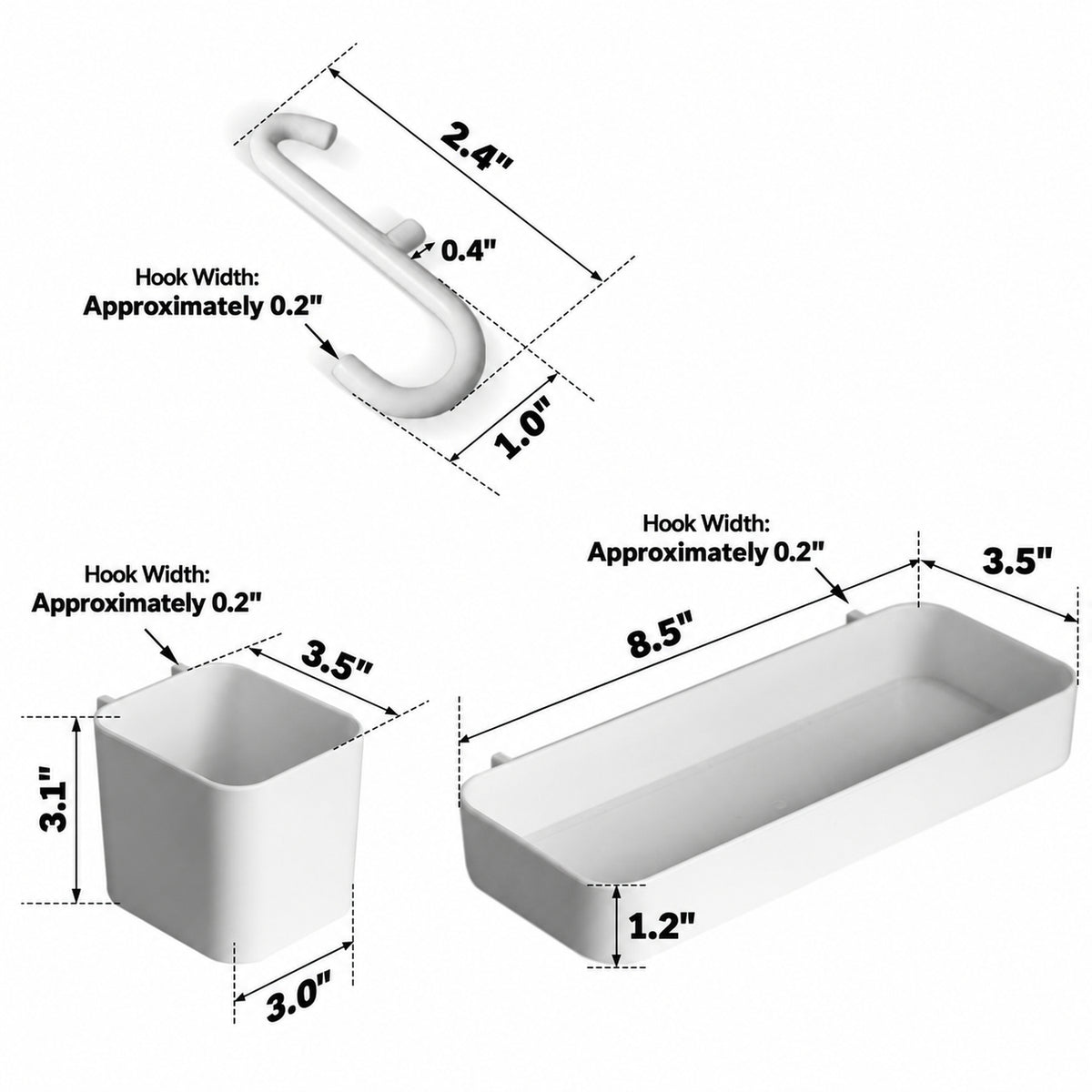 Pegboard Hooks Racks Storage Boxes Accessories Set HOOKUP Size Chart