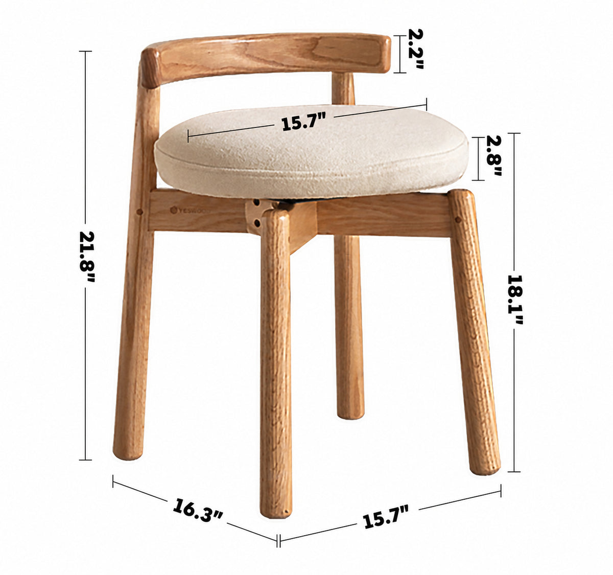 Scandinavian Oak Wood Boucle Fabric Dressing Chair TURNI Size Chart