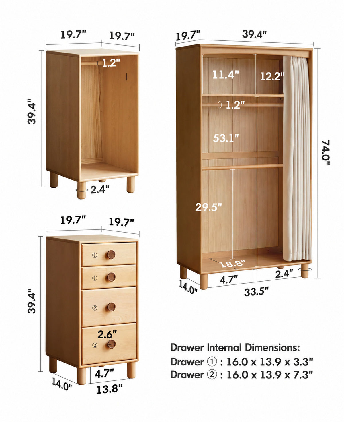 Scandinavian Beech Wood Wardrobe PEBLO Size Chart