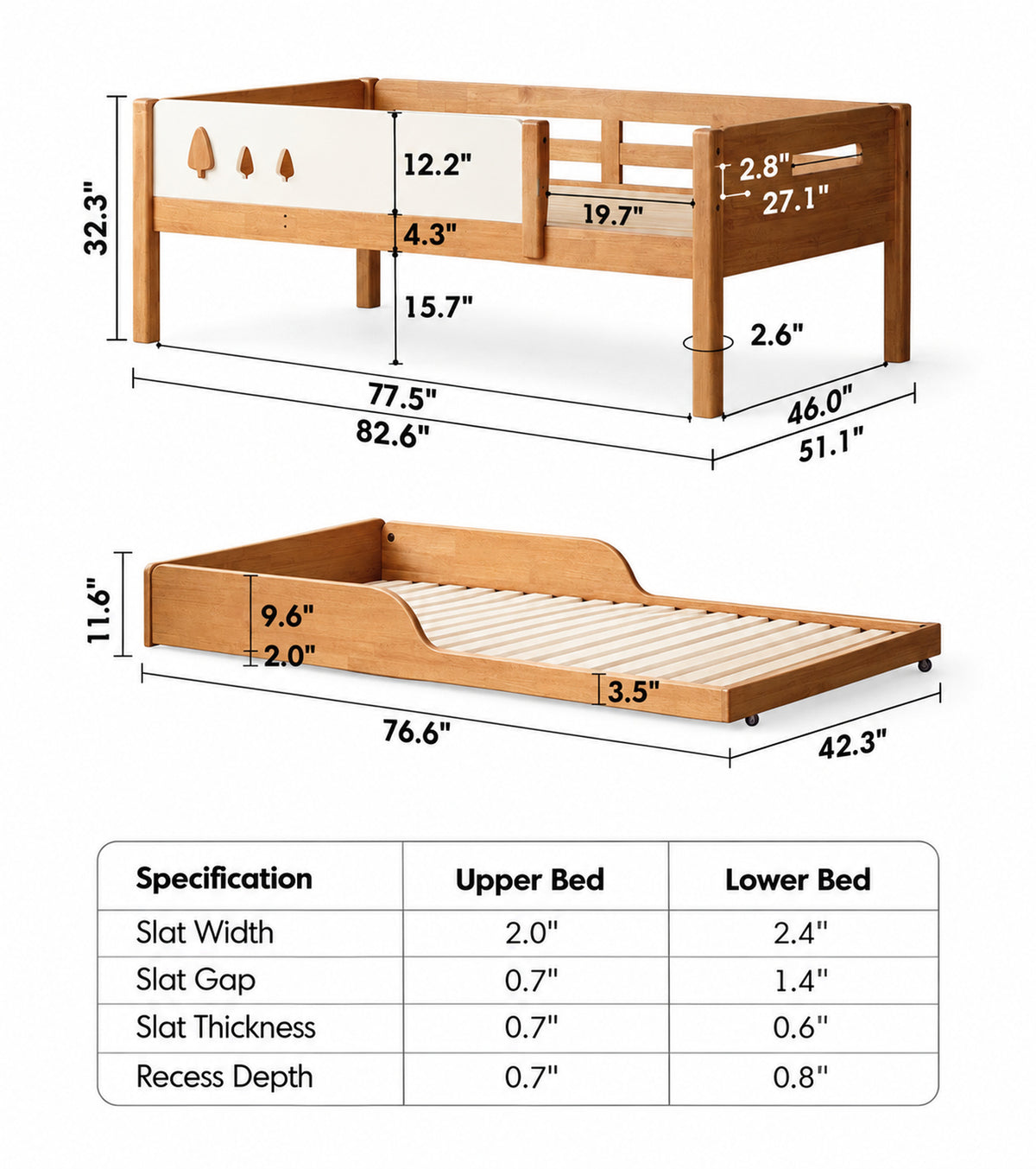 Scandinavian Rubber Wood Kids Bunk Bed With Trundle VIREO Size Chart