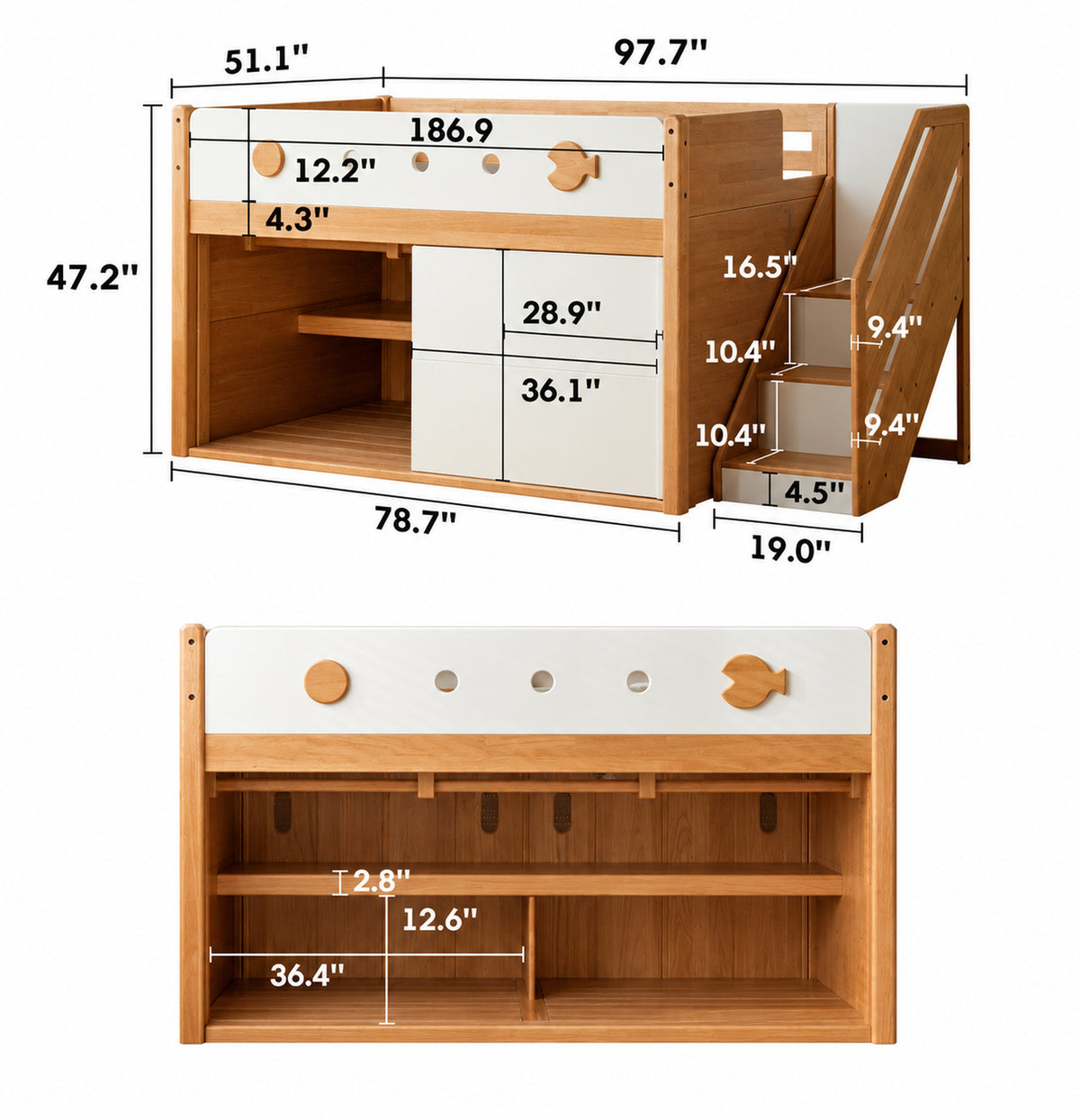 Scandinavian Rubber Wood Kids Storage Bed LUNOR Size Chart
