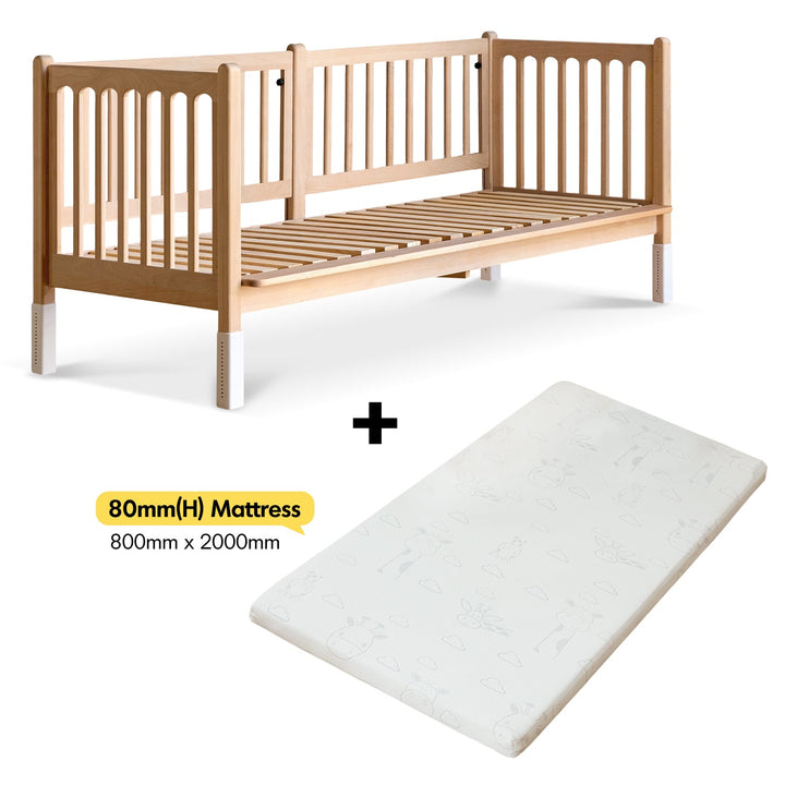 Scandinavian beech wood height adjustable kids sidecar bed with mattress set sova in white background.
