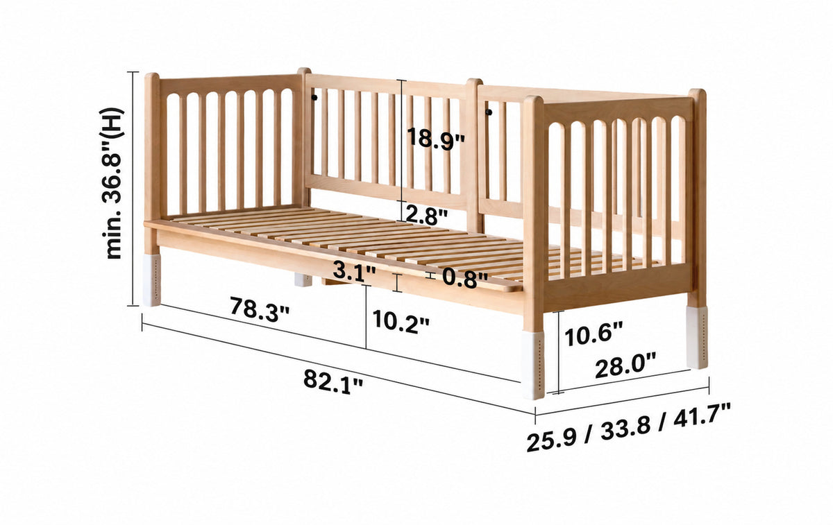 Scandinavian Beech Wood Height Adjustable Kids Sidecar Bed With Mattress Set SOVA Size Chart