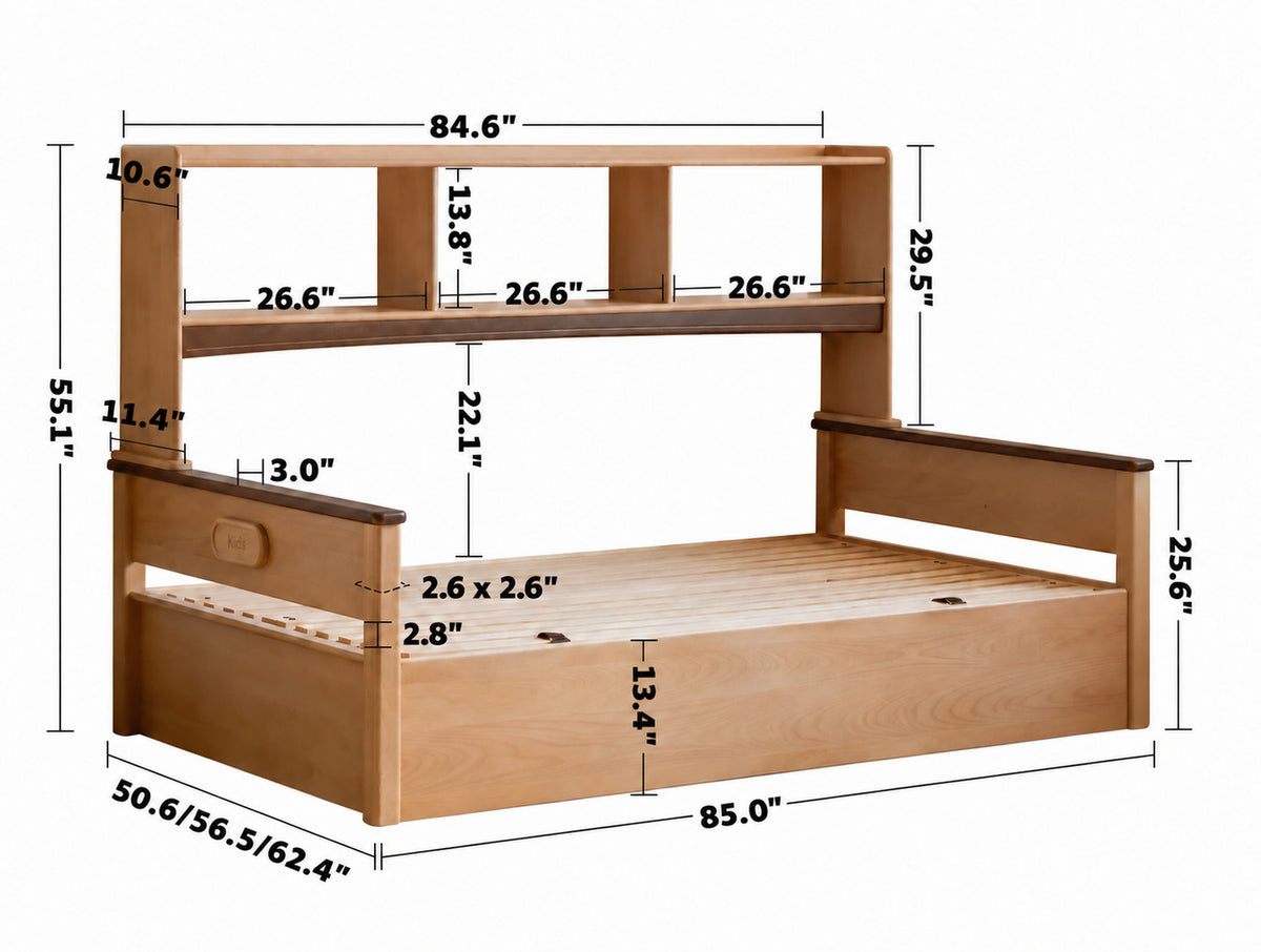 Scandinavian Beech Wood Kids Storage Bed VELTO Size Chart