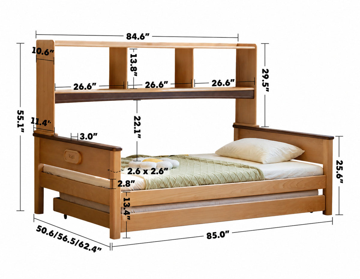 Scandinavian Beech Wood Kids Bunk Storage Bed VELTO Size Chart