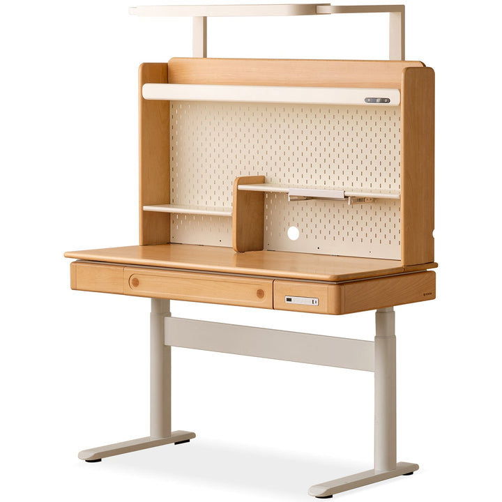Scandinavian beech wood electric height adjustable kids study table with intergrated led light orbita in white background.