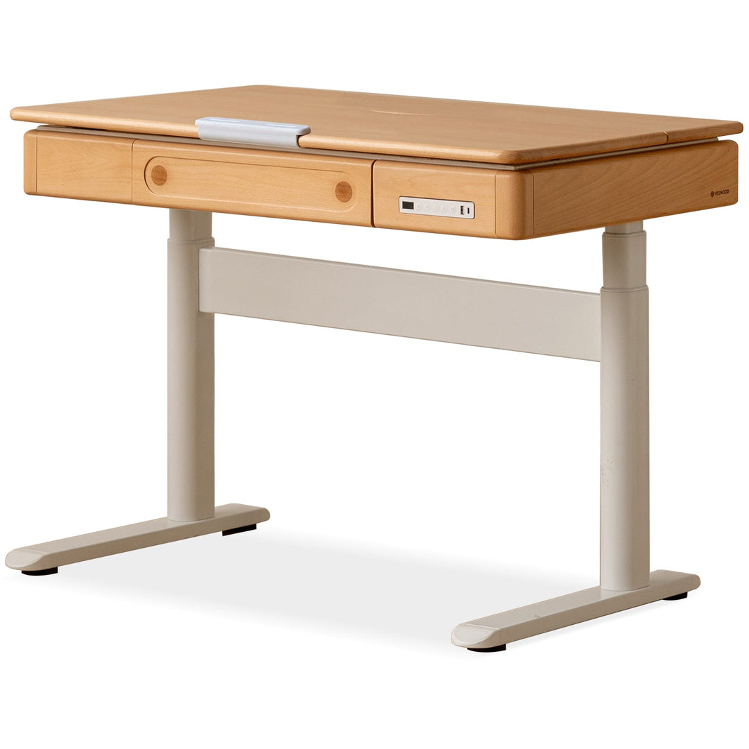 Scandinavian beech wood electric height adjustable kids study table with intergrated led light orbita situational feels.