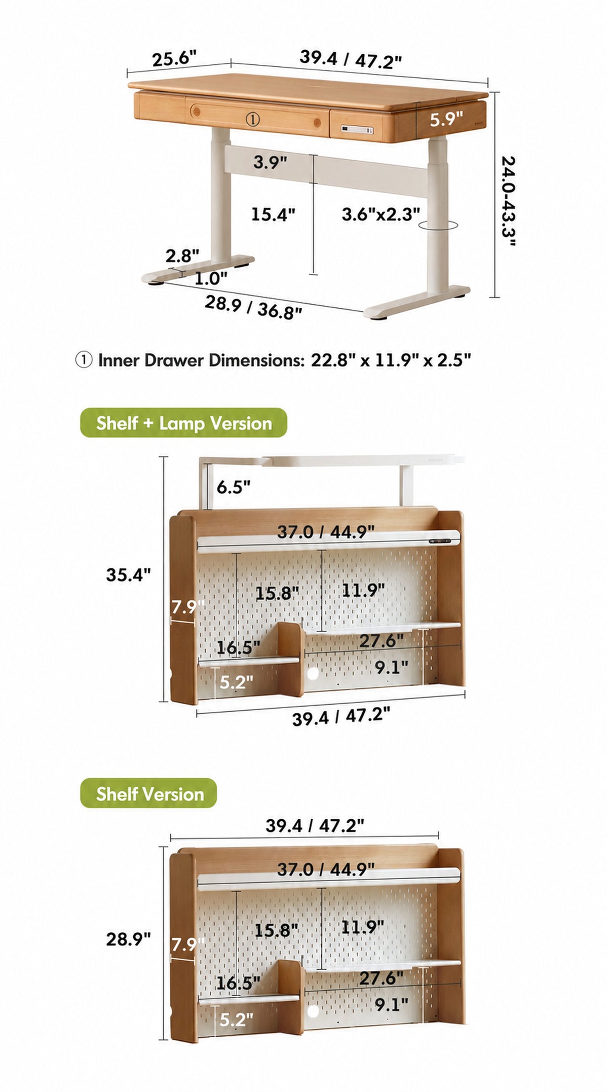 Scandinavian Beech Wood Electric Height Adjustable Kids Study Table With Intergrated LED Light ORBITA Size Chart