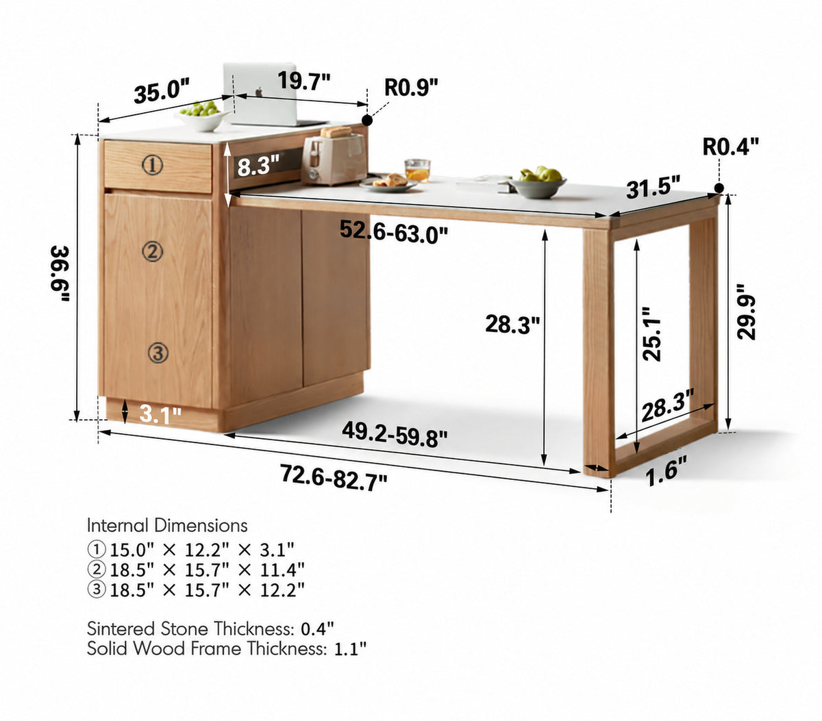 Scandinavian Oak Wood Sintered Stone Extendable Island Dining Table With Cabinet FLEXA Size Chart