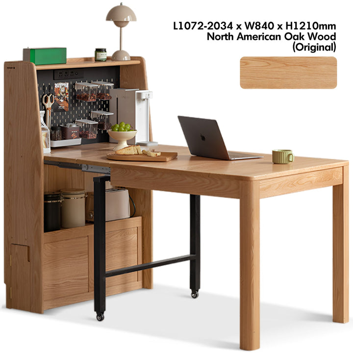 Wooden desk with shelves and a laptop, featuring North American Oak Wood.