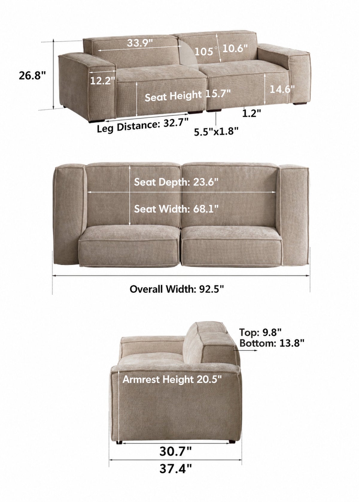 Minimalist Cotton Fabric 3 Seater Sofa CAMALEONDA Size Chart