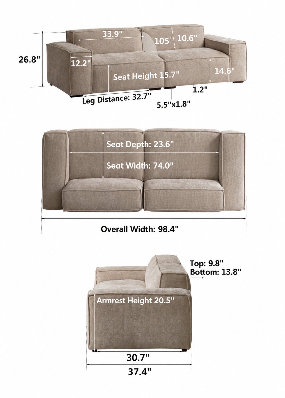 Minimalist Linen Fabric 4 Seater Sofa CAMALEONDA Size Chart