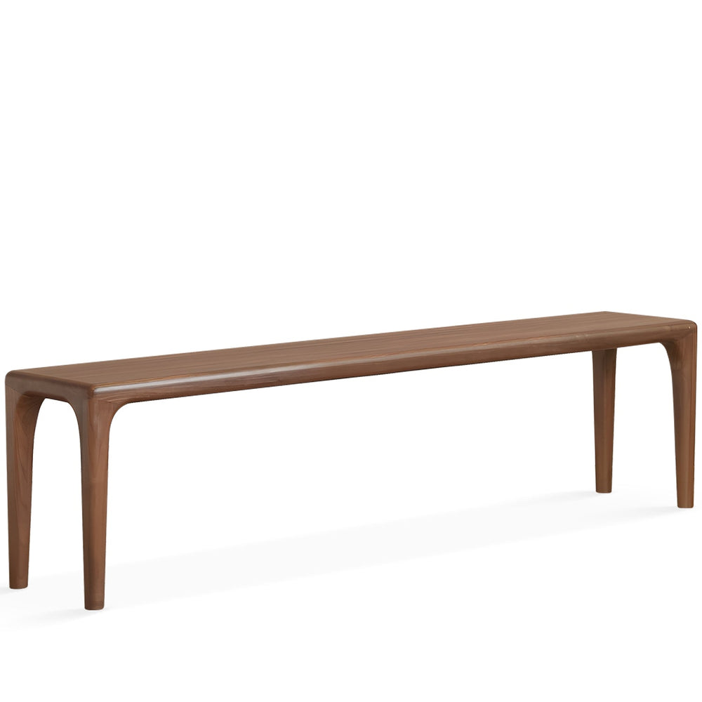 Japandi walnut wood dining bench conti in white background.