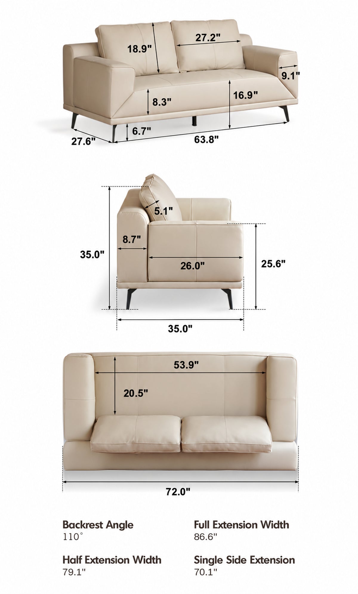 Modern Genuine Leather 2 Seater Sofa Bed LINEA Size Chart
