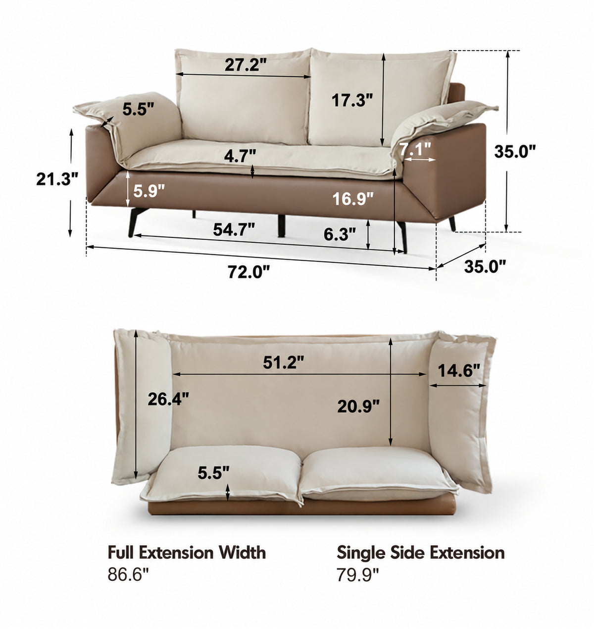 Modern Velvet Fabric PU Leather 2 Seater Sofa Bed FLIPEN Size Chart