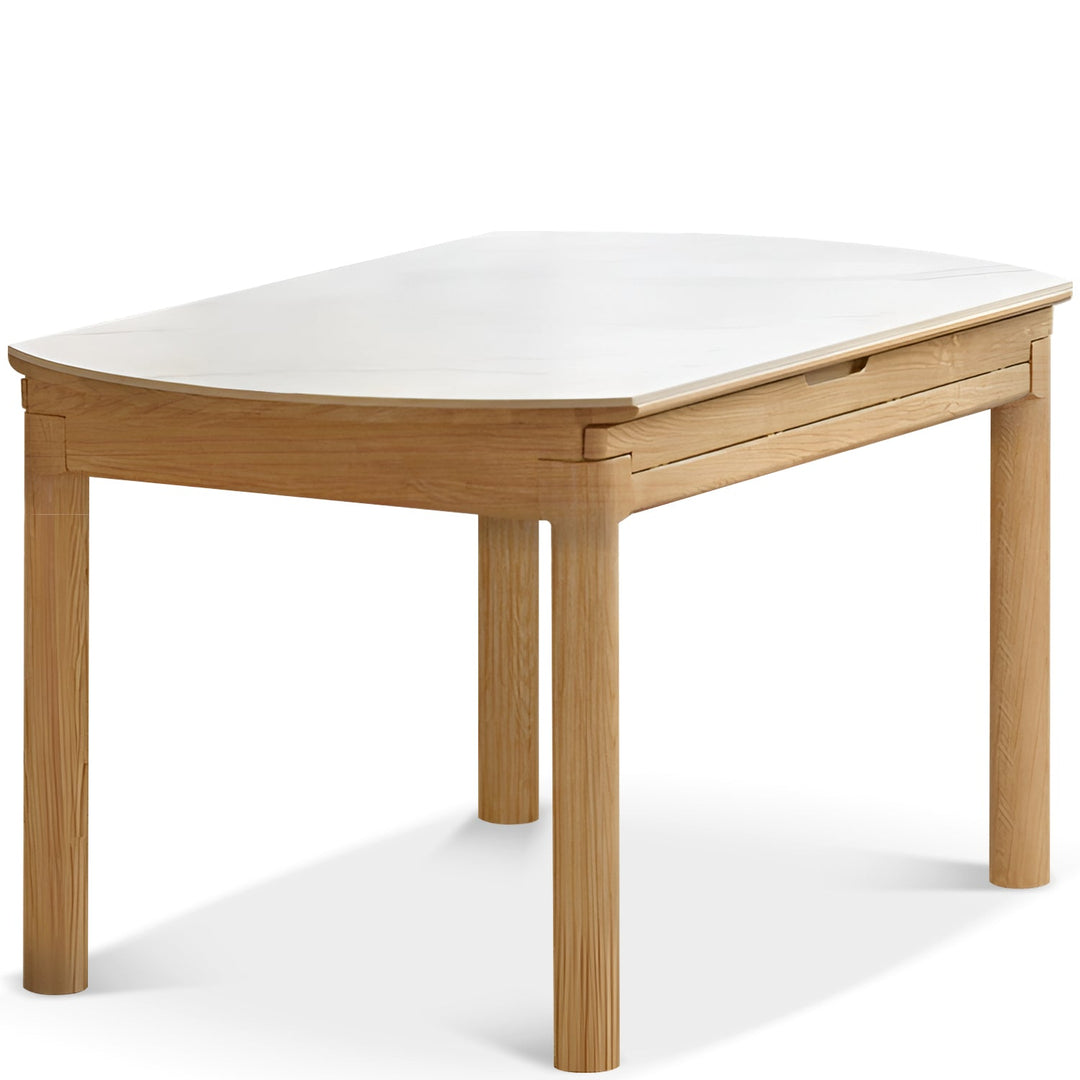 Scandinavian oak wood sintered stone extendable round dining table orbit conceptual design.