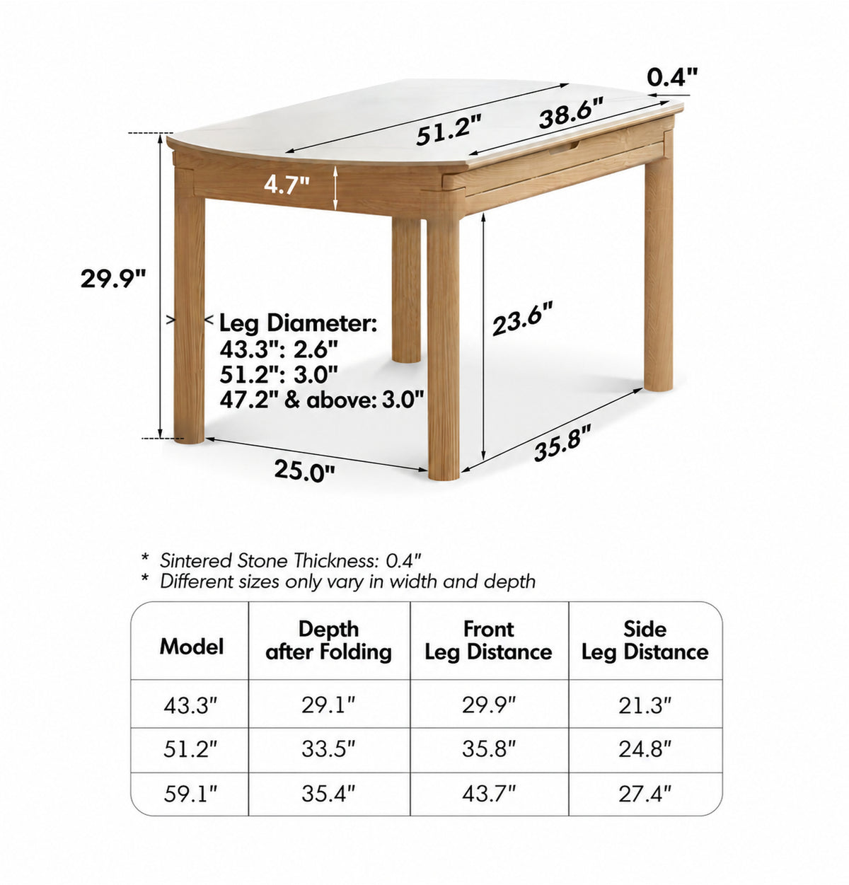 Scandinavian Oak Wood Sintered Stone Extendable Round Dining Table ORBIT Size Chart