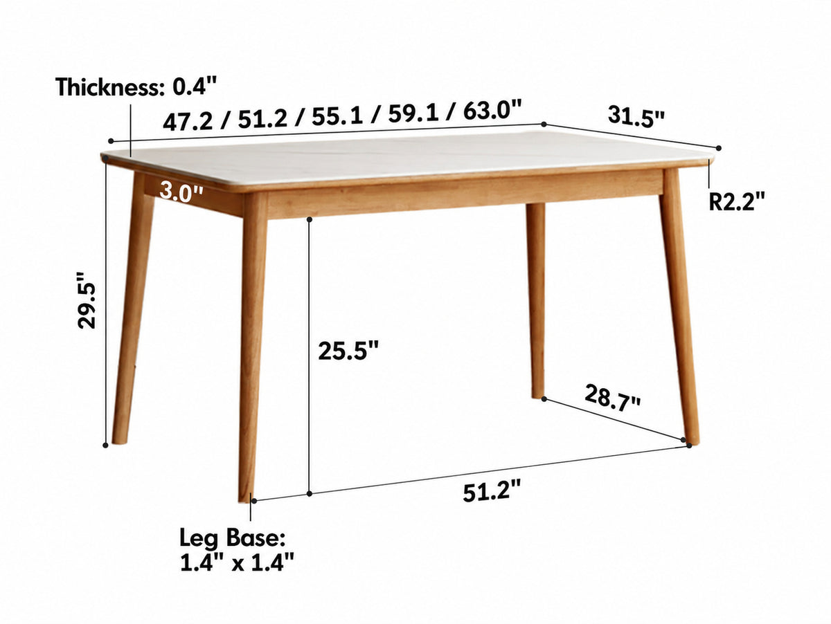 Scandinavian Oak Wood Sintered Stone Dining Table FORME Size Chart