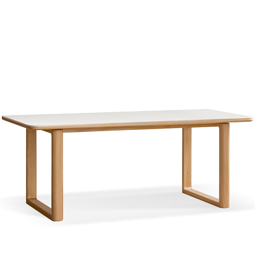 Scandinavian oak wood sintered stone dining table anchor in white background.