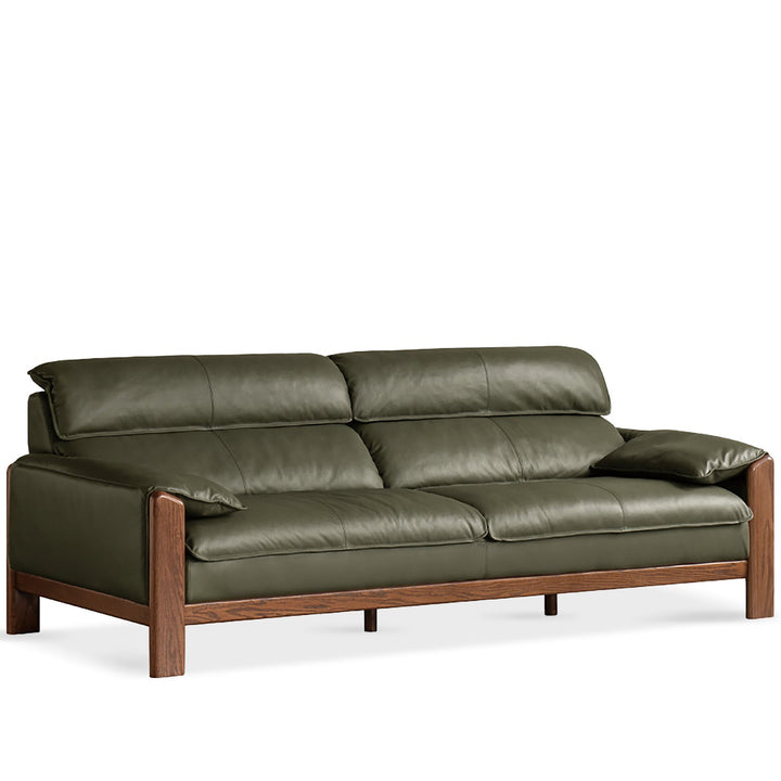 Japandi oak wood genuine leather 3 seater sofa kape in white background.