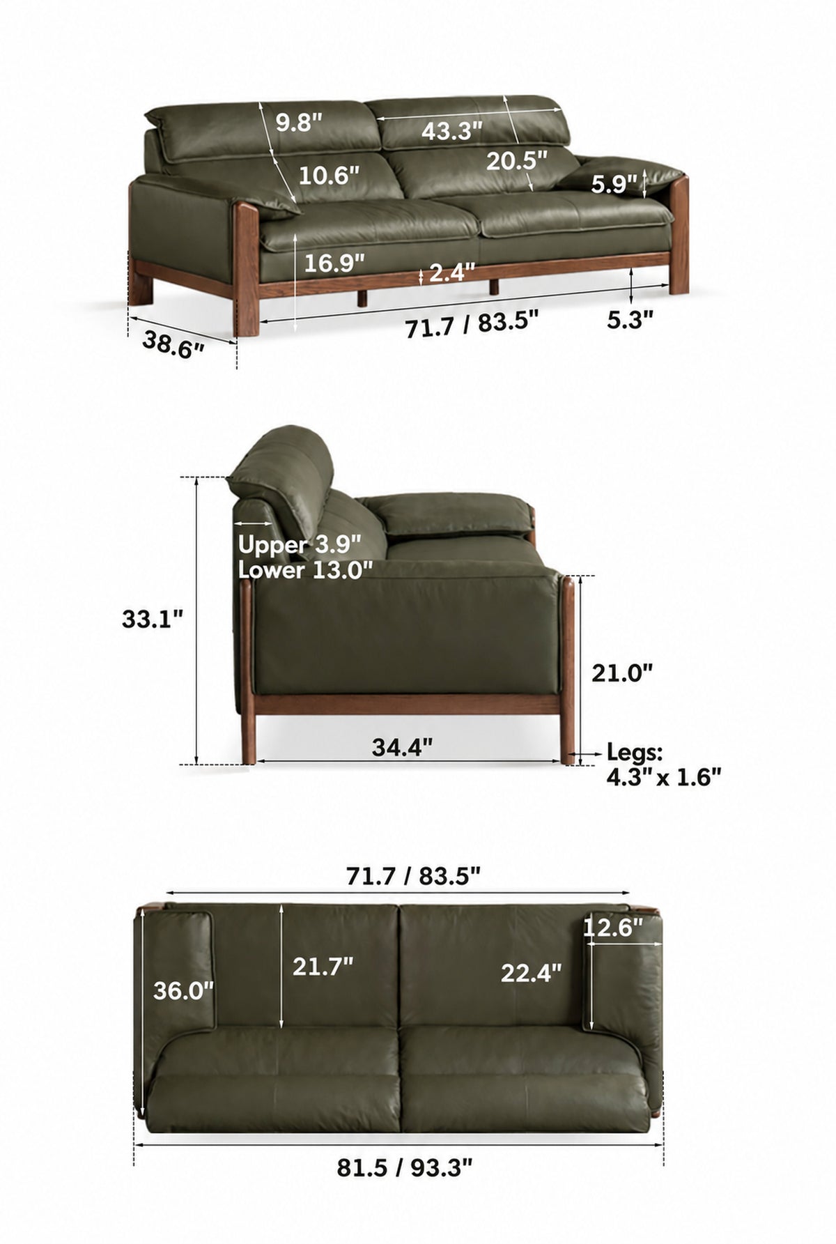 Japandi Oak Wood Genuine Leather 3 Seater Sofa KAPE Size Chart