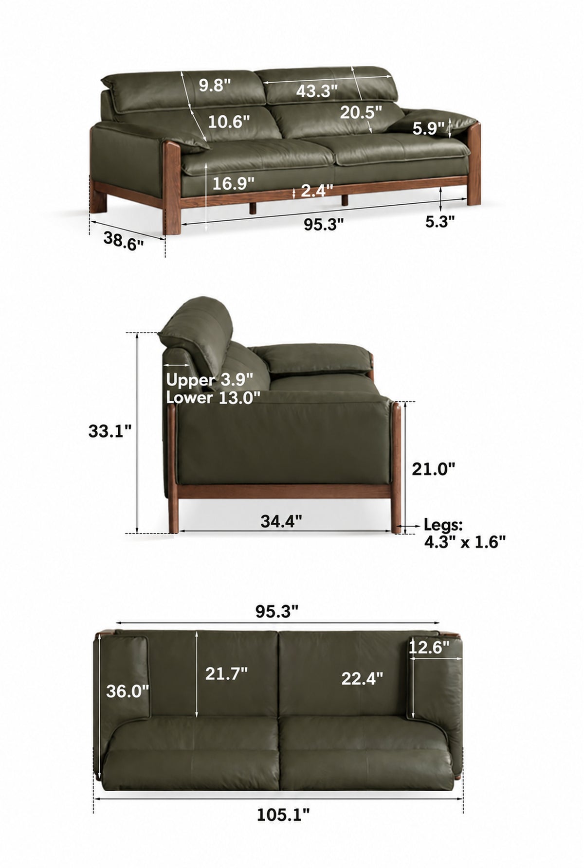 Japandi Oak Wood Genuine Leather 4 Seater Sofa KAPE Size Chart