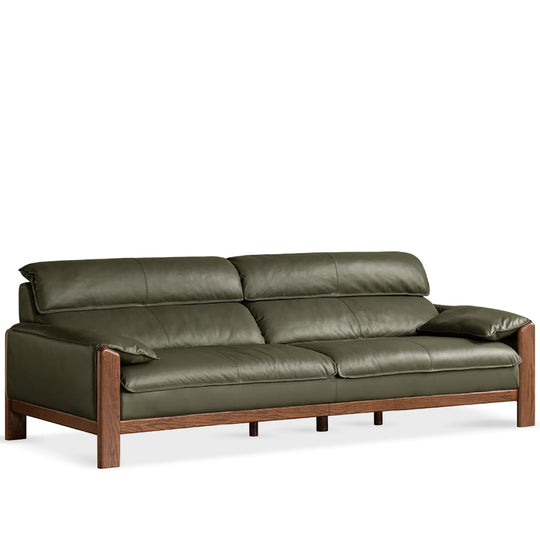 Japandi oak wood genuine leather 4 seater sofa kape in white background.