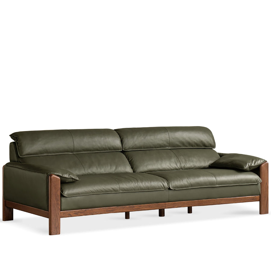 Japandi oak wood genuine leather 4 seater sofa kape in white background.