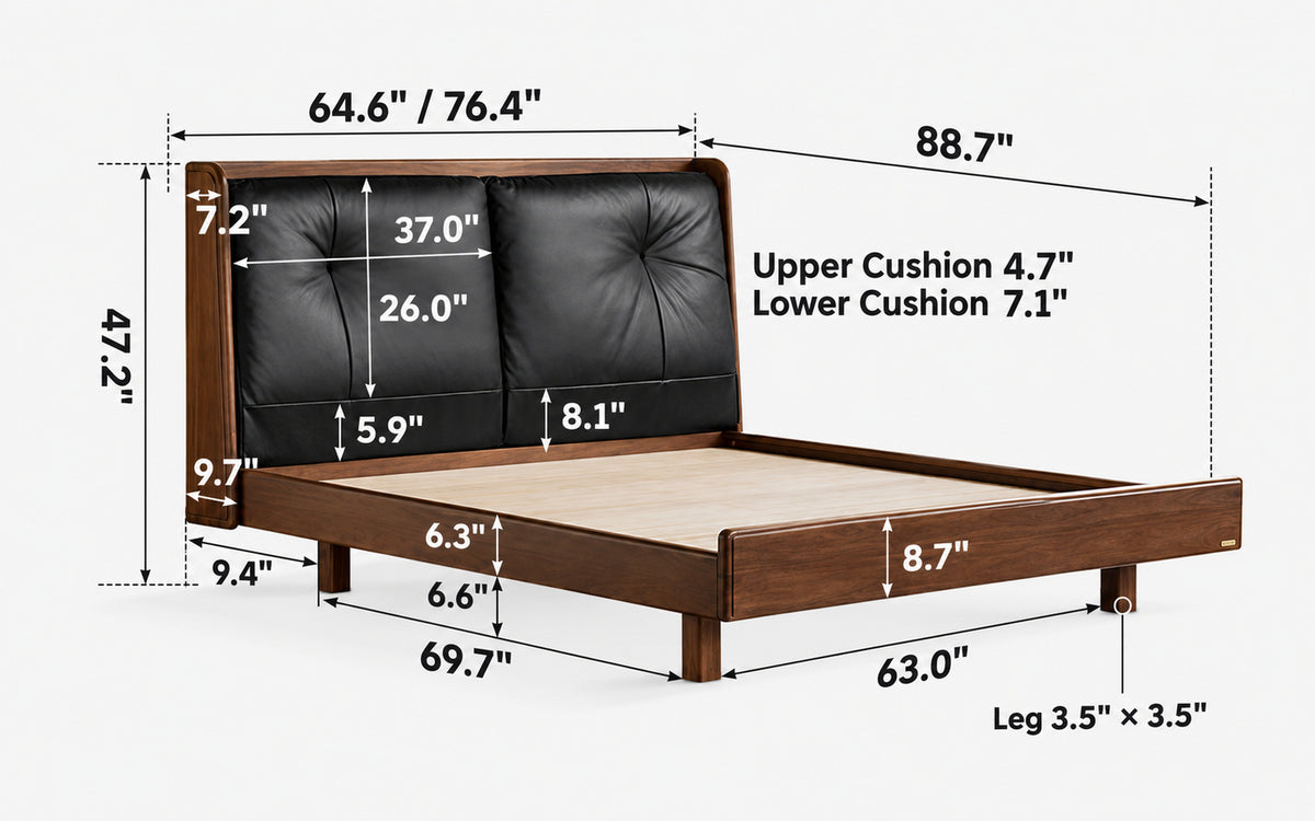 Japandi Walnut Wood Genuine Leather Bed NOIR Size Chart