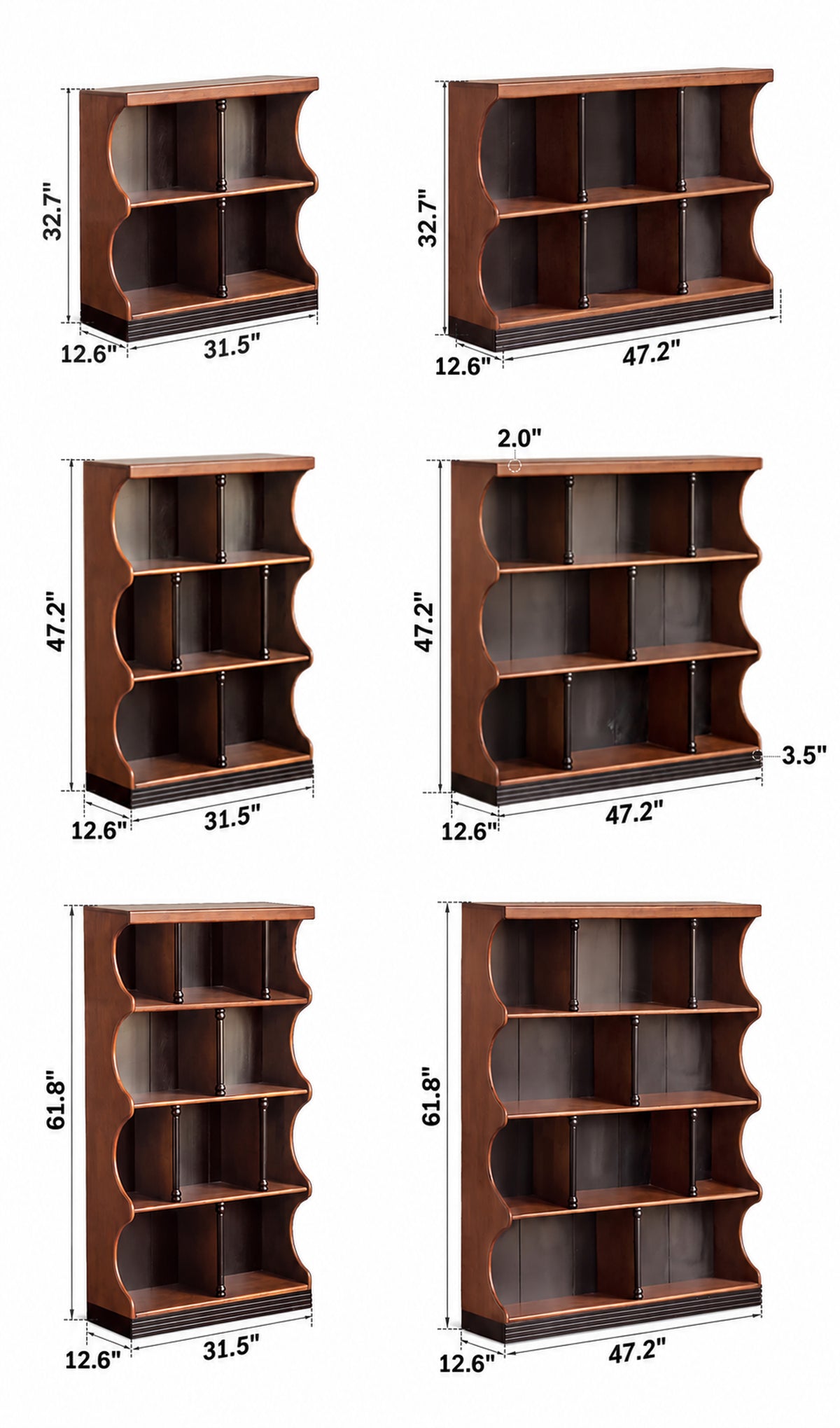 Vintage Rubber Wood Bookshelf HADID Size Chart