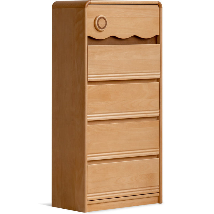 Scandinavian beech wood kids chest of drawers creamy in still life.