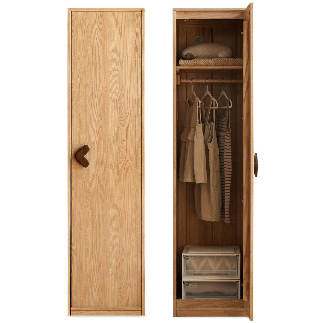 Scandinavian oak wood kids wardrobe cookie in white background.