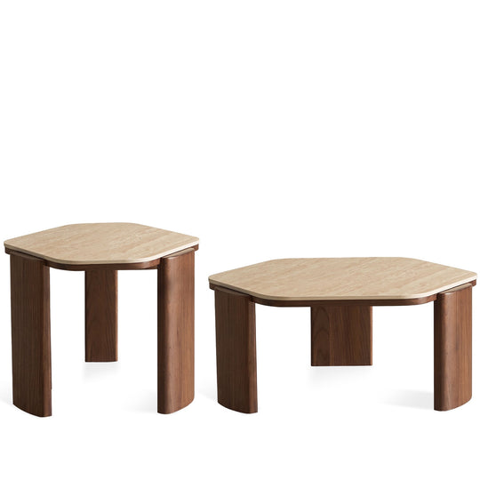 Japandi sintered stone coffee table set silence in white background.