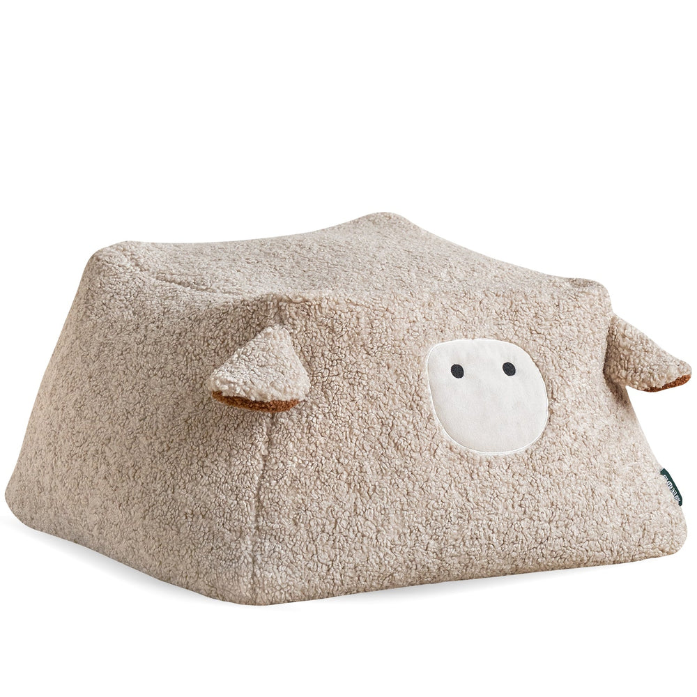 Cream boucle fabric ottoman sheep in white background.